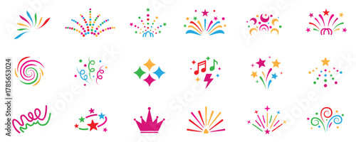 Colorful party and celebration icon set, fireworks confetti music crowns collection