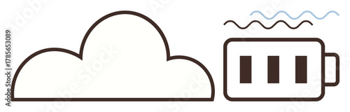 Cloud and battery icon emitting waves suggest energy storage, renewable energy, and connectivity. Ideal for cloud computing, sustainability, innovation, technology, efficiency, power storage