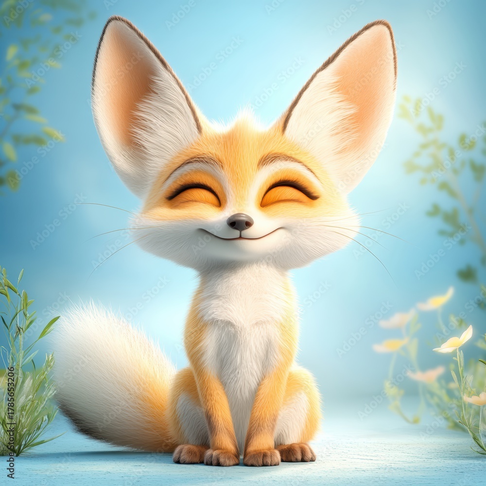 Fototapeta premium Smiling Cartoon Fox with Large Ears in a Bright and Cheerful Natural Setting Surrounded by Colorful Flowers and Soft Blue Background