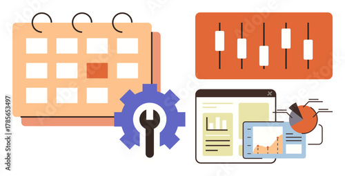 Calendar with highlighted date, graph analytics, adjustable sliders, and cog with wrench. Ideal for planning, time management, data analysis, project coordination, operational efficiency strategy