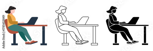 Female worker at desk using laptop illustration