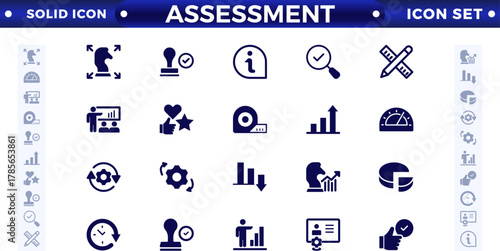 Assessment solid icons set with goals, results, process, quality, evaluation, planning, analysis, auditing, financial report, measuring, expertise