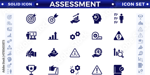 Assessment solid icons set with goals, results, process, quality, evaluation, planning, analysis, auditing, financial report, measuring, expertise