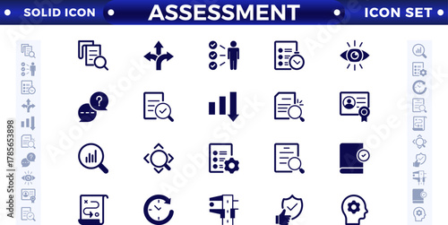 Assessment solid icons set with goals, results, process, quality, evaluation, planning, analysis, auditing, financial report, measuring, expertise