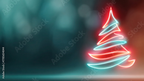 Neon Christmas tree illustration glowing in vibrant colors against a blurred background, creating a festive and cheerful atmosphere for holiday celebrations