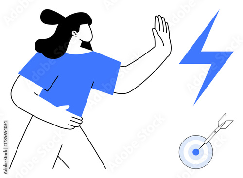 Woman raising her hand to block electricity, with a dart hitting a bullseye nearby. Ideal for resilience, focus, empowerment, success, goal-setting, determination and personal strength. Simple flat