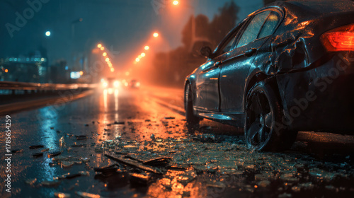 Damaged car on wet road at night, with shattered glass and blurred headlights in the background, capturing a dramatic urban accident scene