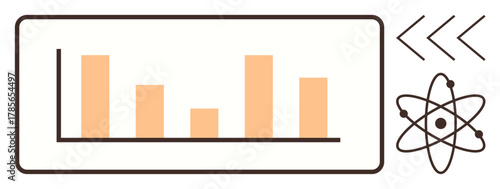 Bar graph inside a frame representing data analysis, arrows indicating progress or flow, atomic structure symbolizing science or innovation. Ideal for technology, research, education, analytics