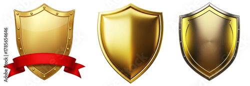Illustrative golden shields representing protection, security, and defense with classic heraldry, ideal for game design, brand identity, and achievement badges