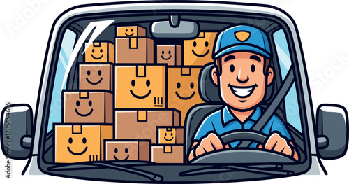 Smiling delivery driver behind the wheel of a van full of packages