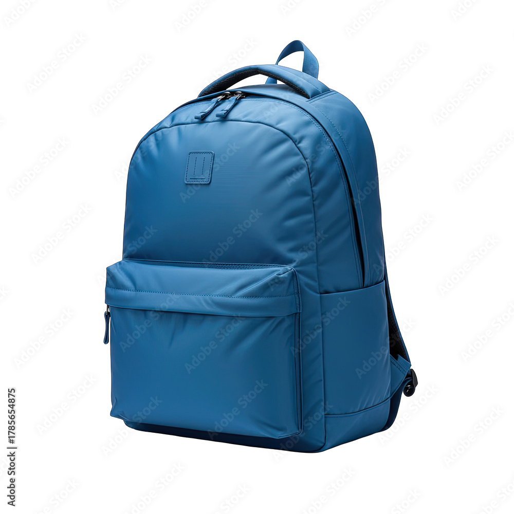 Fototapeta premium A Blue Backpack With Zipper Pockets And Adjustable Straps Isolated On A Black Background