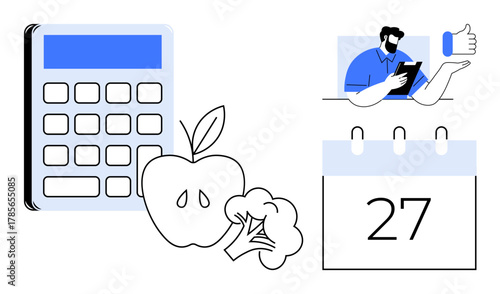 Calculator, apple, broccoli, calendar with date marked, and person with thumbs-up indicating approval. Ideal for nutrition, scheduling, budgeting, health tracking goal setting productivity simple