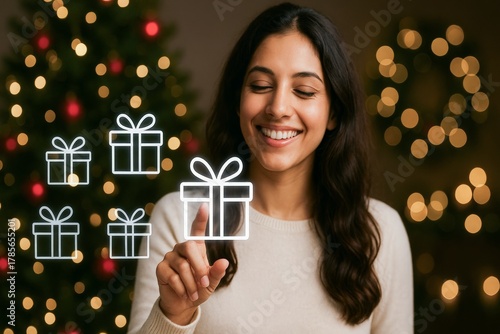 Young woman touching digital gift box icon over Christmas tree lights. Festive holiday shopping, online present selection, and virtual giveaway concept.