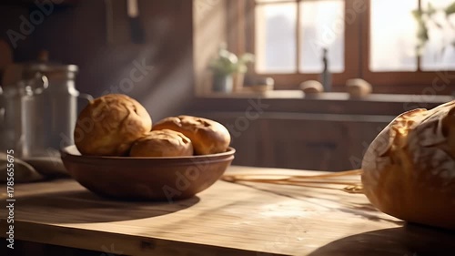 Freshly Baked Bread and Rolls in a Rustic Kitchen Setting, Perfect for Food Content
