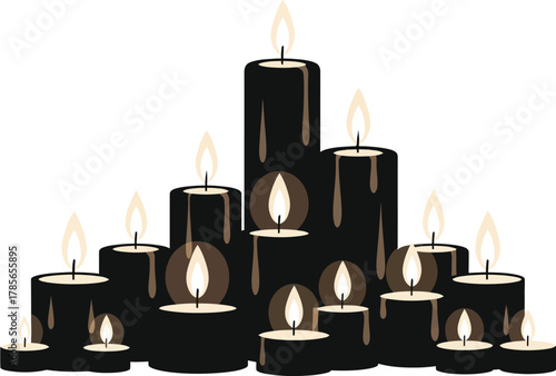 Array of black burning candles with warm glowing flames on white background light