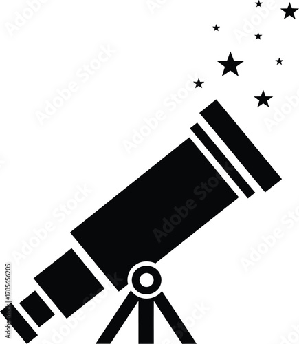 Black silhouette of a telescope pointing upwards towards stars on white background astronomy space