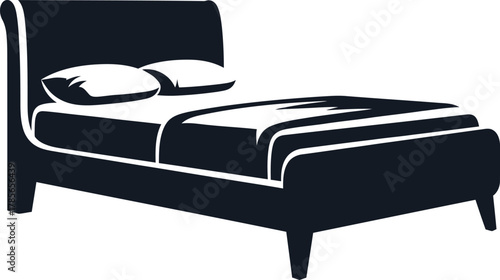 Dark blue bed with two white pillows and white bedding on a white background furniture navy