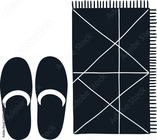 Dark Blue Slippers and Geometric Patterned Beach Towel on White flip flops bath towel