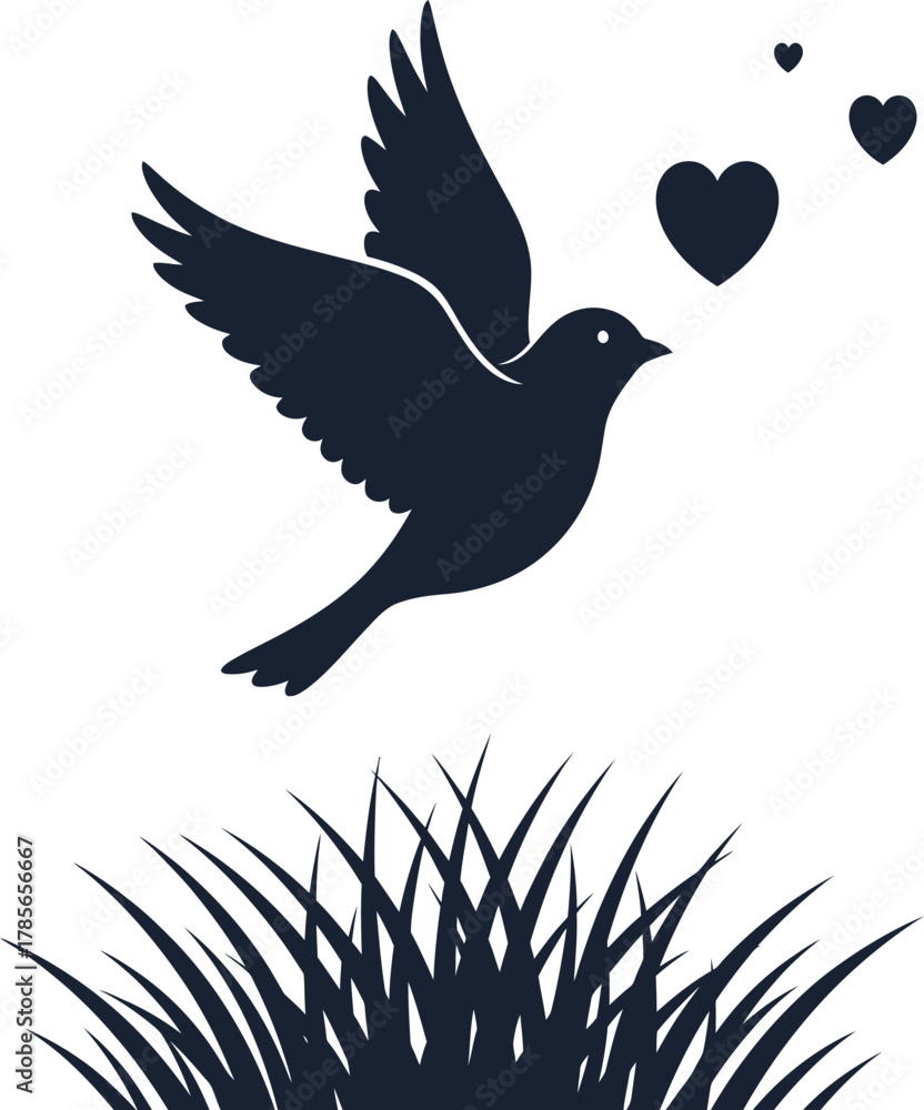 Fototapeta premium Silhouette of Bird Flying with Hearts Above Grass on White Background love