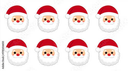 Set of cute cartoon Santa Claus face icons isolated on white background