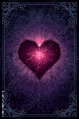 Dark gothic fantasy background with a glowing cracked heart and ornate frame, phone wallpaper