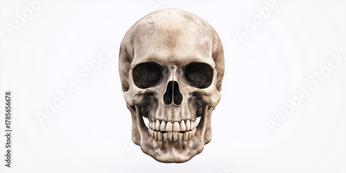 Human skull facing forward, isolated on a white background