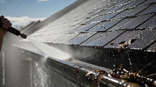 Powerful water spray cleans roof gutters in slow motion, restoring home exterior appeal