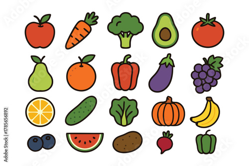 Collection of healthy food icons representing various nutritious ingredients isolated on white background