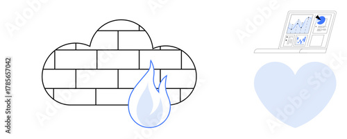 Cloud-shaped firewall with flame overlay, metrics on a laptop screen, and a heart. Ideal for cybersecurity, data protection, cloud computing, analytics, secure connection, user focus and trust