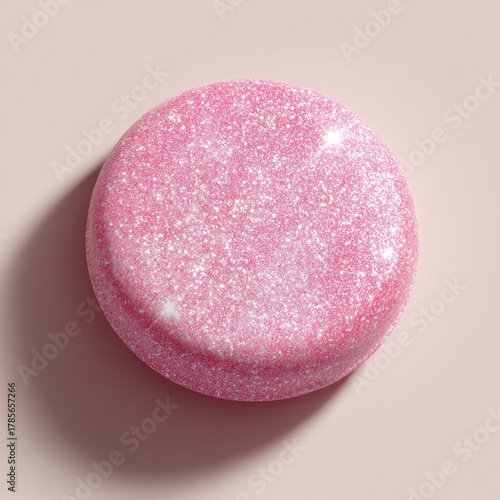 Pink, glittery circular object on pink backdrop