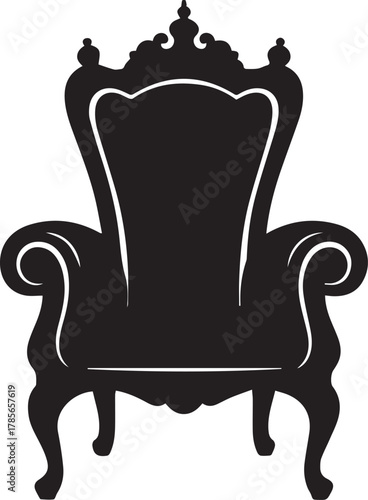 Elegant silhouette of a classic ornate throne chair with high back and scrolled arms representing royalty power and luxury on a white background