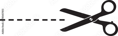 Sharp black scissors cutting a dashed line across a clean white background symbolizing separation and precision in a graphic design element