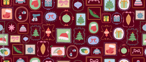 A seamless Christmas pattern with various holiday illustrations in decorative frames and vintage borders for holiday textiles or wrapping paper.