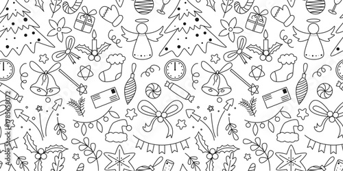 Seamless winter pattern in doodle sketch style. Background with attributes of Christmas and winter holidays. Monochrome hand drawn print for textiles, packaging, paper, design, vector graphics