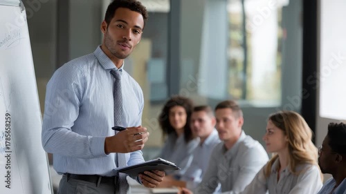 Indian business trainer engages multiethnic group of attendees in interactive training session focused on professional development and communication skills in a modern conference room setting