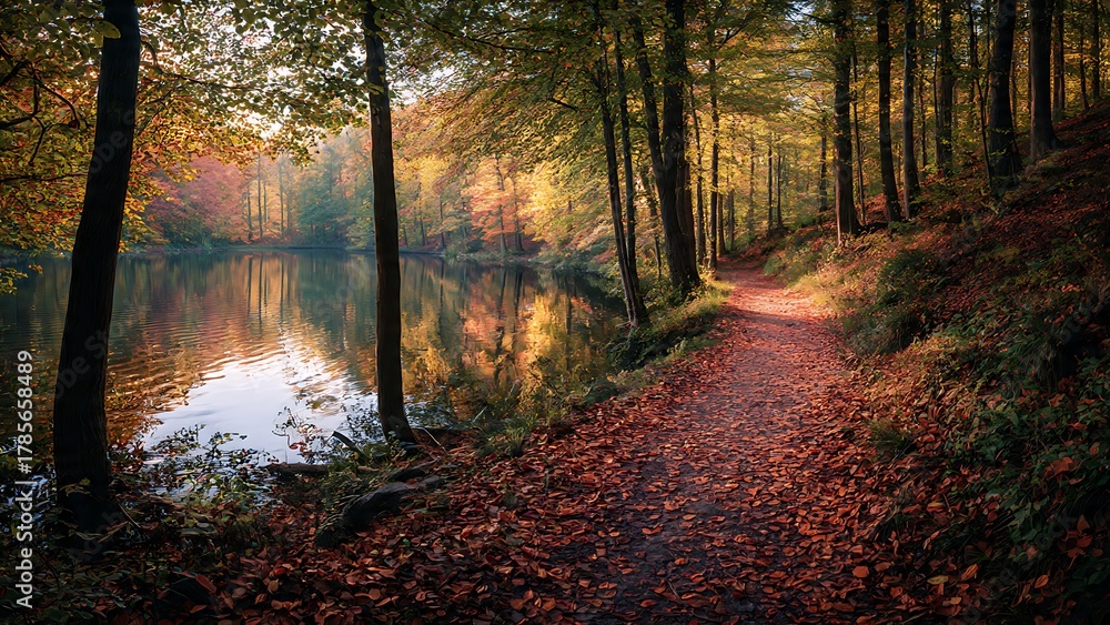 Fototapeta premium Autumn forest path next to a tranquil lake with vibrant fall foliage reflecting on the waters surface.