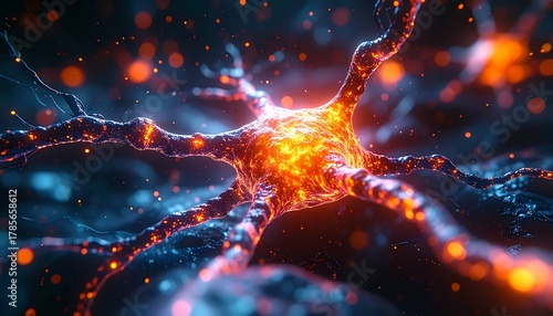 Vibrant 3D Rendering of a Neuron Firing with Energy and Synapses.