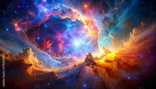 Vibrant Nebula Cosmic Clouds and Starburst with Space Art, and Abstract Galaxy Background.
