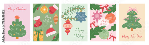 A set of Christmas and New Year cards. Happy holidays. Hand-drawn Christmas cards.