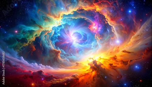 Vibrant Nebula Cosmic Whirlwind of Colors and Energy in the Infinite Universe.