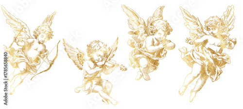 Golden Cupids illustration Freehand collection. Texture of writing materials. Handwritten valentines doodles and pencil strokes. Hand drawn gold set Cupidon line art. Vector