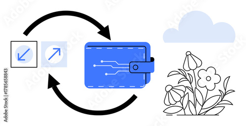 Blue digital wallet with circuit design, circular arrows indicating transfer, and blooming flowers near a cloud. Ideal for finance, sustainability, eco-tech, innovation, digital payments, blockchain