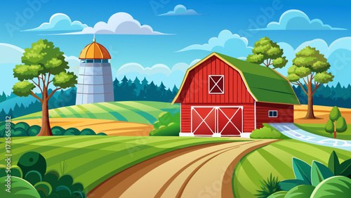 Very beautiful farm with a classic red barn along a curving road in the Iowa countryside on a bright spring day, featuring fresh green fields, clear blue sky, warm sunlight, and a realistic peaceful r