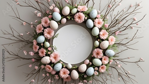 Glamorous Easter Floral Wreath with Fashion Aesthetic.neutral background, space for text, luxury modern look.