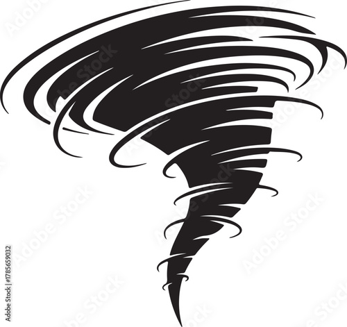 A stylized black and white illustration of a powerful tornado vortex with swirling winds and a dramatic funnel cloud against a clean white background