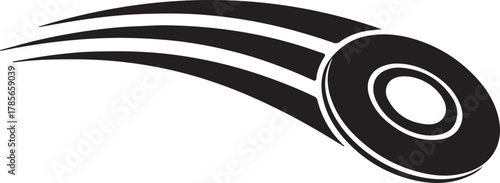 Dynamic black and white illustration of a stylized hockey puck with motion trails suggesting speed and rapid movement across a surface