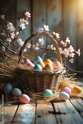Rustic Easter composition with a wicker basket of colorful eggs, straw, and blooming branches on a wooden plank background. Warm sunlight, soft depth of field, and cozy countryside mood.