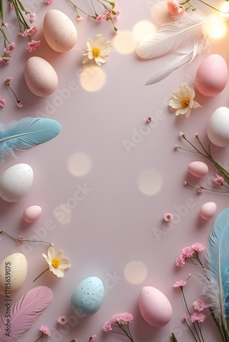 Soft Pastel Easter Background with Eggs and Flowers. perfect for greeting cards, branding, or social media.