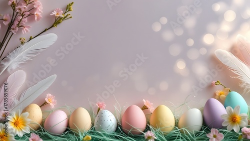 Soft Pastel Easter Background with Eggs and Flowers. perfect for greeting cards, branding, or social media.