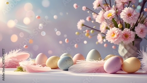 Soft Pastel Easter Background with Eggs and Flowers. perfect for greeting cards, branding, or social media.
